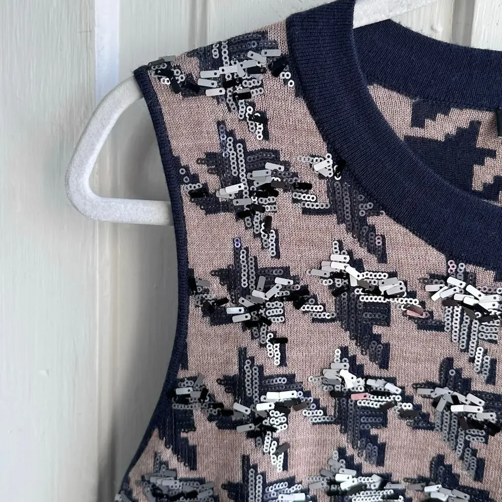 Ann Taylor Sequin Houndstooth Sweater Vest | Blush & Navy | Size L